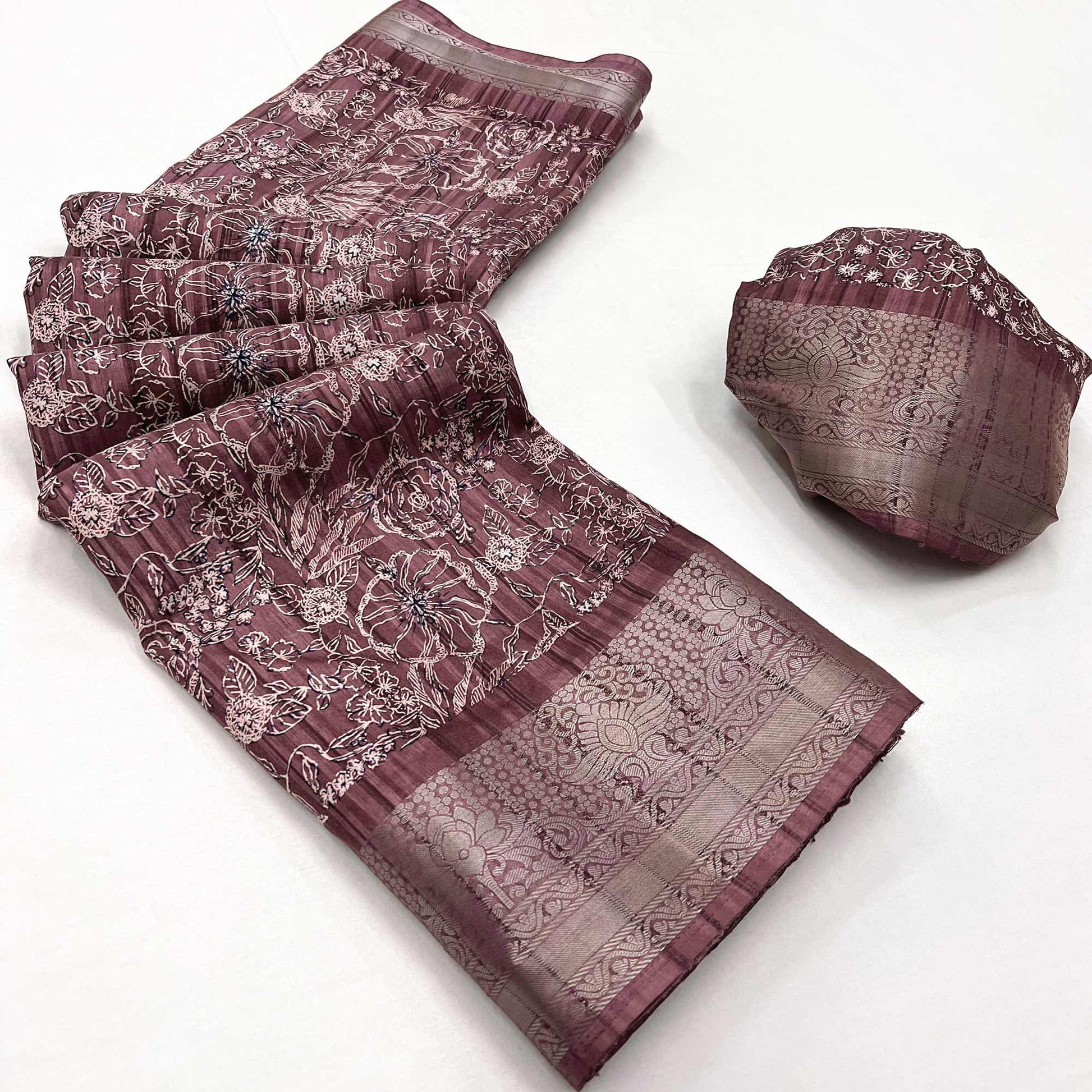Brown Floral Printed Cotton Blend Saree