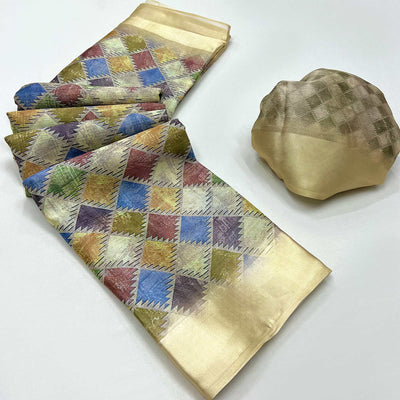 Cream Digital Printed Cotton Blend Saree