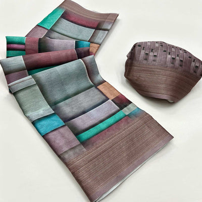 Brown Digital Printed Cotton Blend Saree With Fancy Border