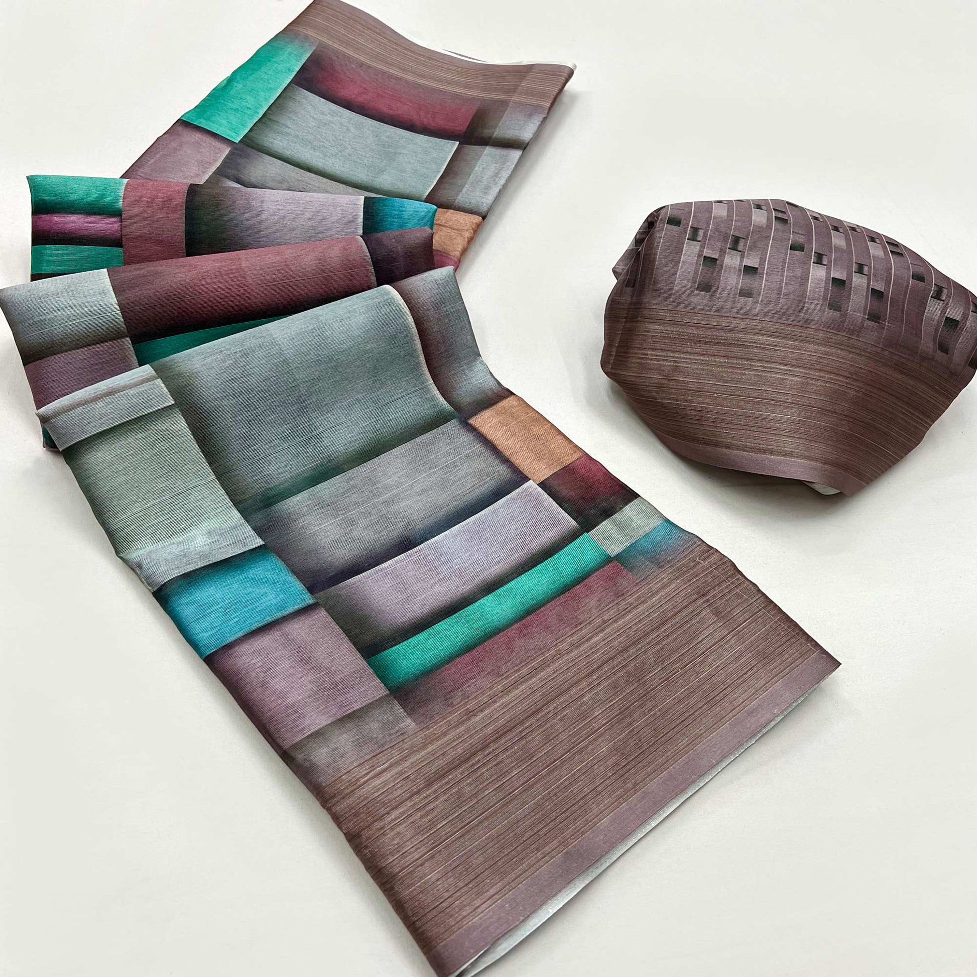 Brown Digital Printed Cotton Blend Saree With Fancy Border