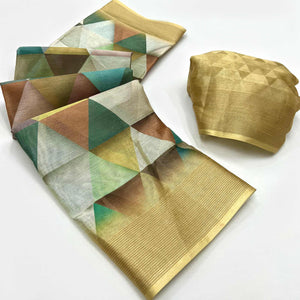 Lemon Yellow Digital Printed Cotton Blend Saree With Fancy Border