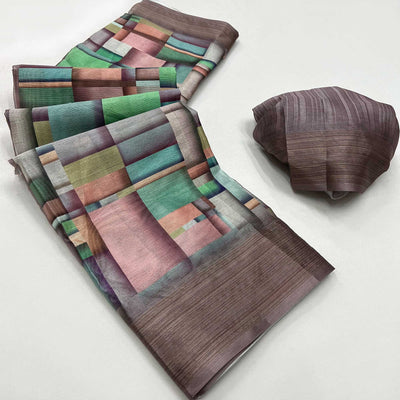 Brown Digital Printed Cotton Blend Saree With Fancy Border