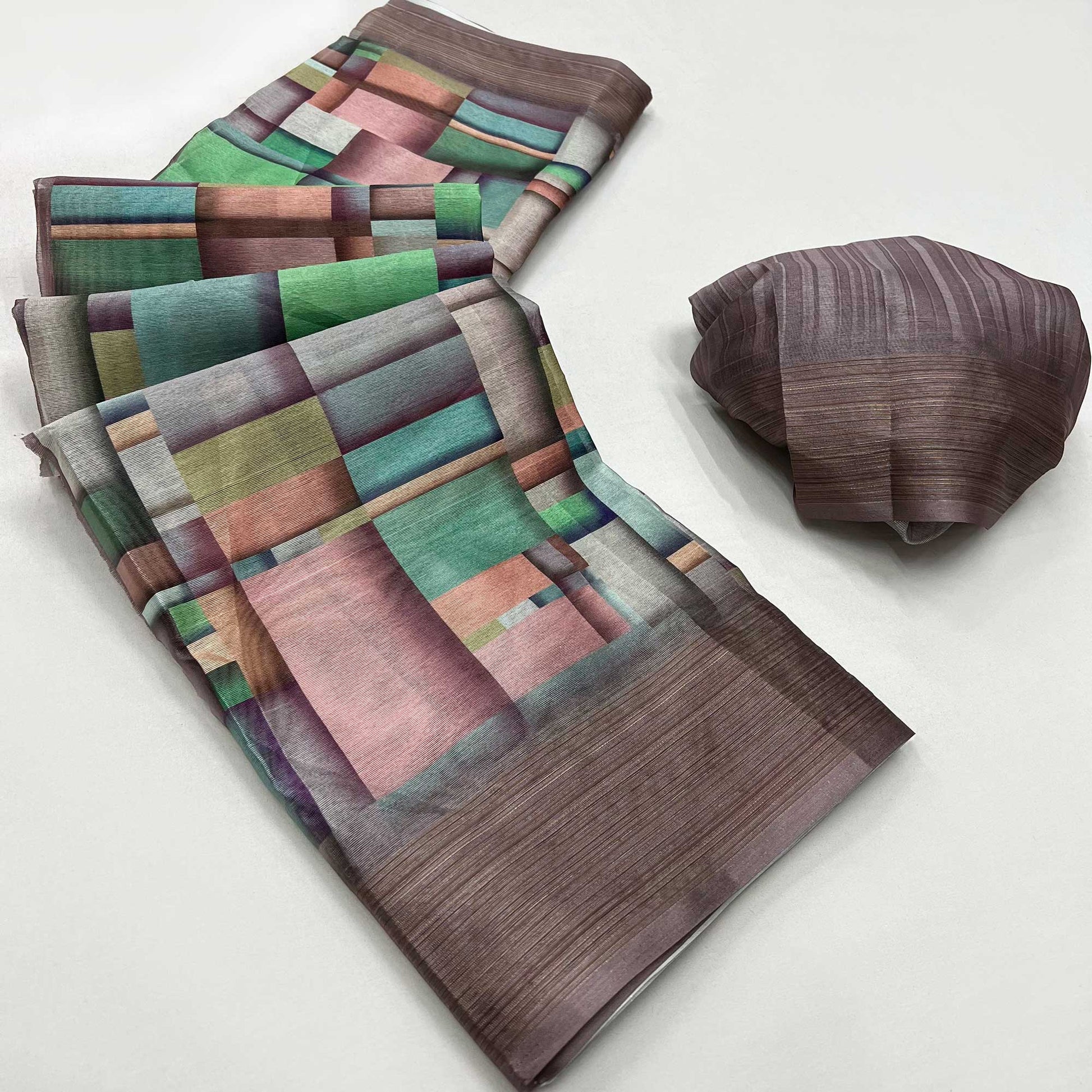 Brown Digital Printed Cotton Blend Saree With Fancy Border