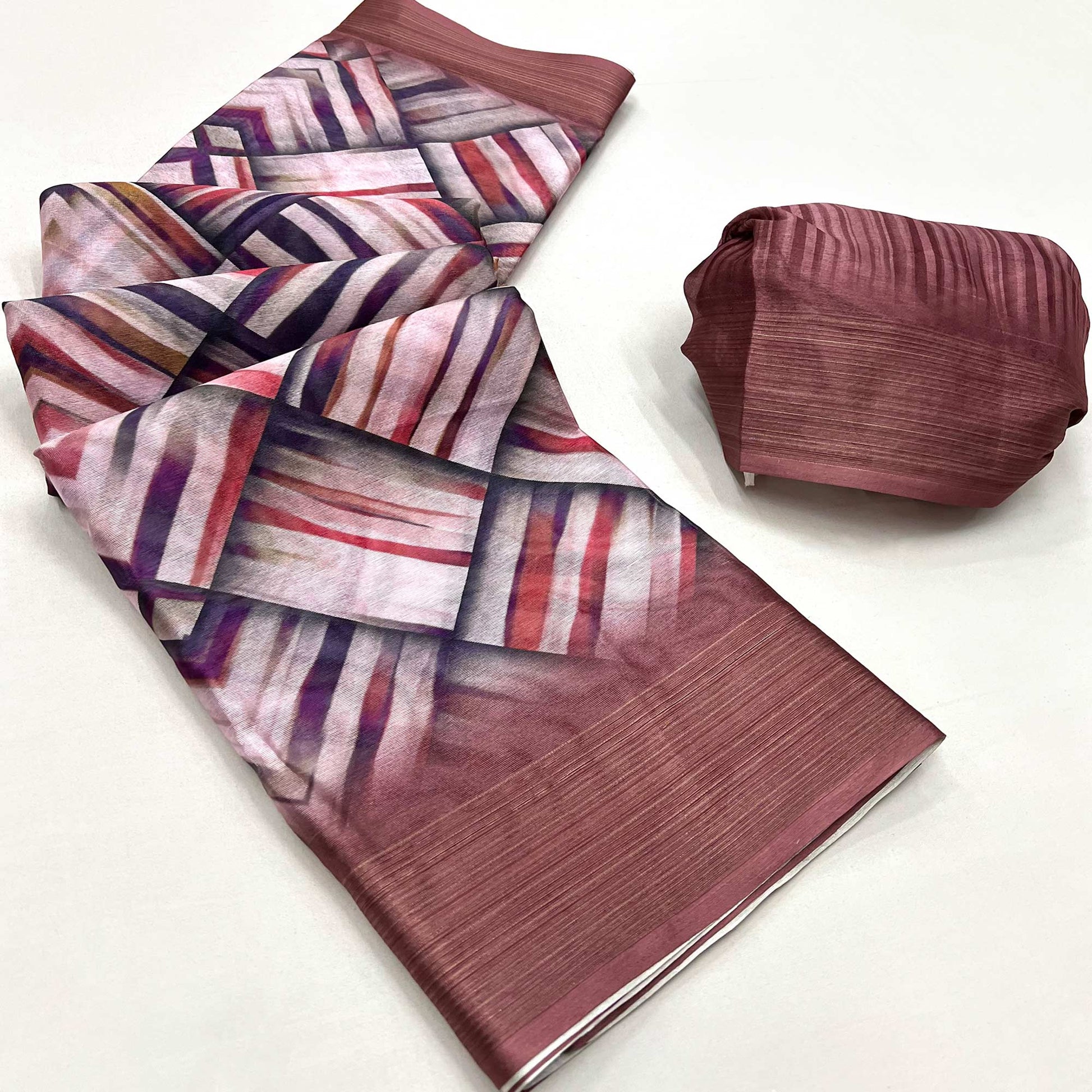 Brown Digital Printed Cotton Blend Saree With Fancy Border