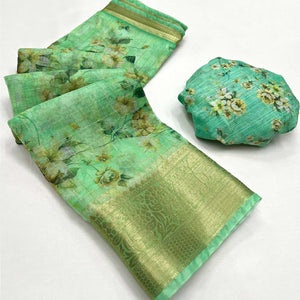 green-floral-digital-printed-with-woven-border-organza-saree