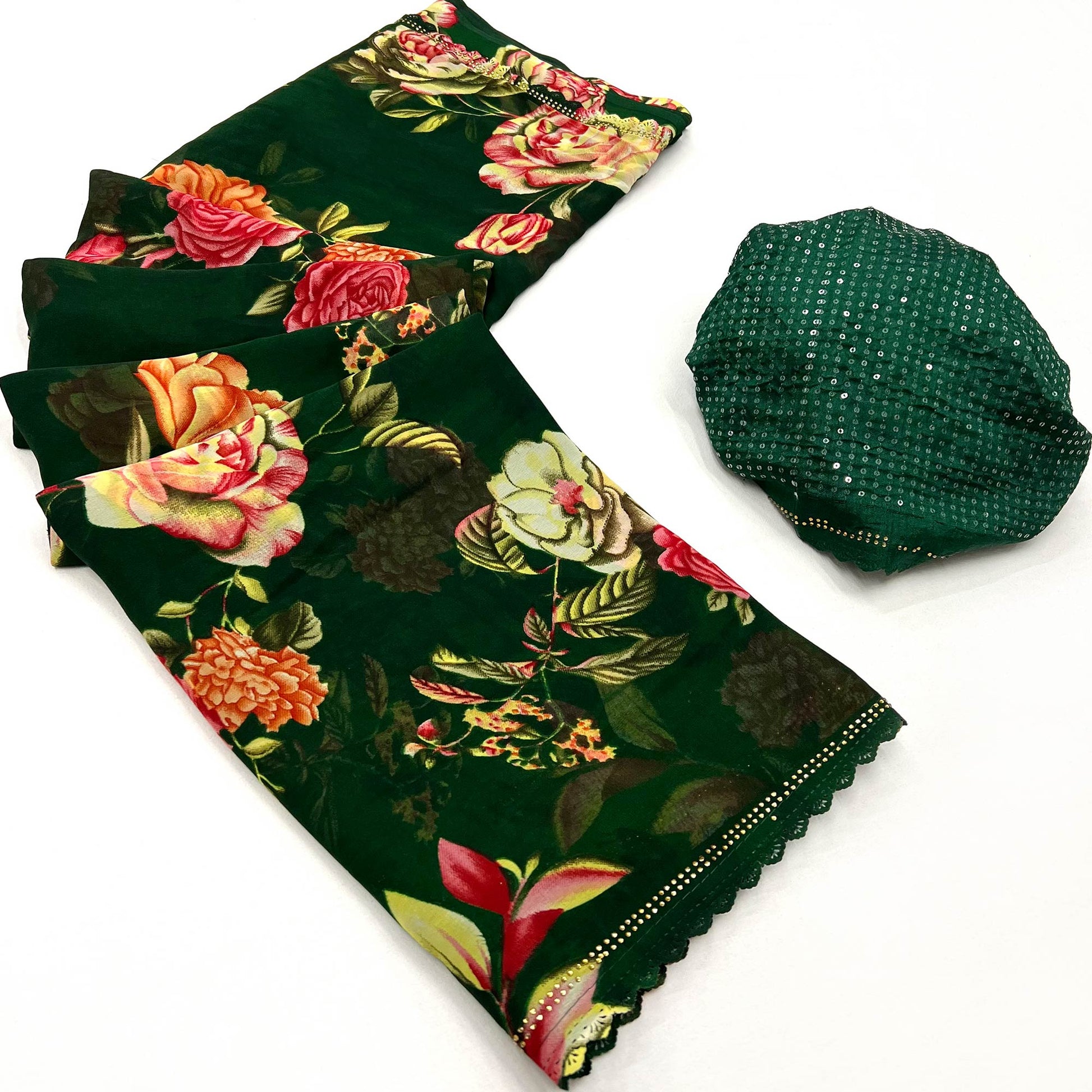 Bottle Green Floral Printed Georgette Saree