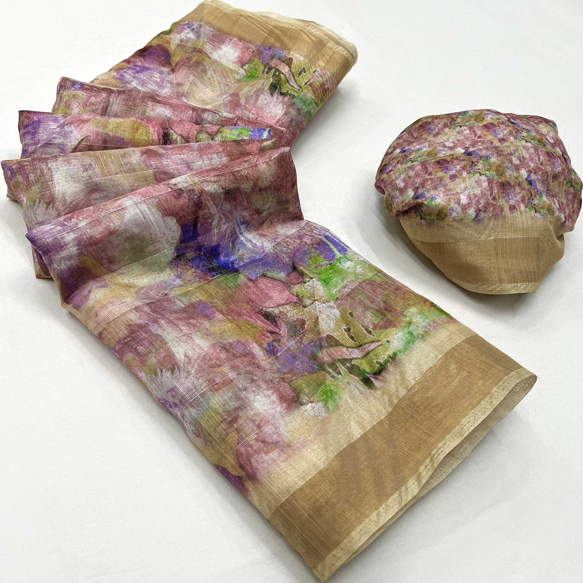 Brown Digital Printed Cotton Blend Saree With Jacquard Border