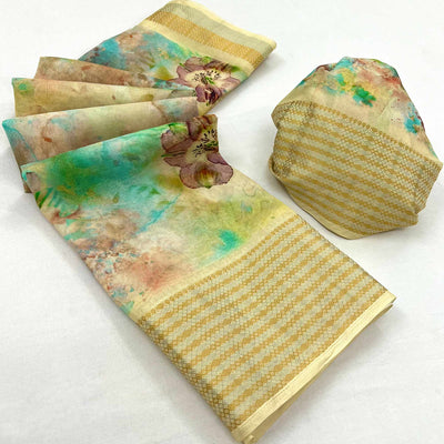 Cream Floral Digital Printed Cotton Blend Saree