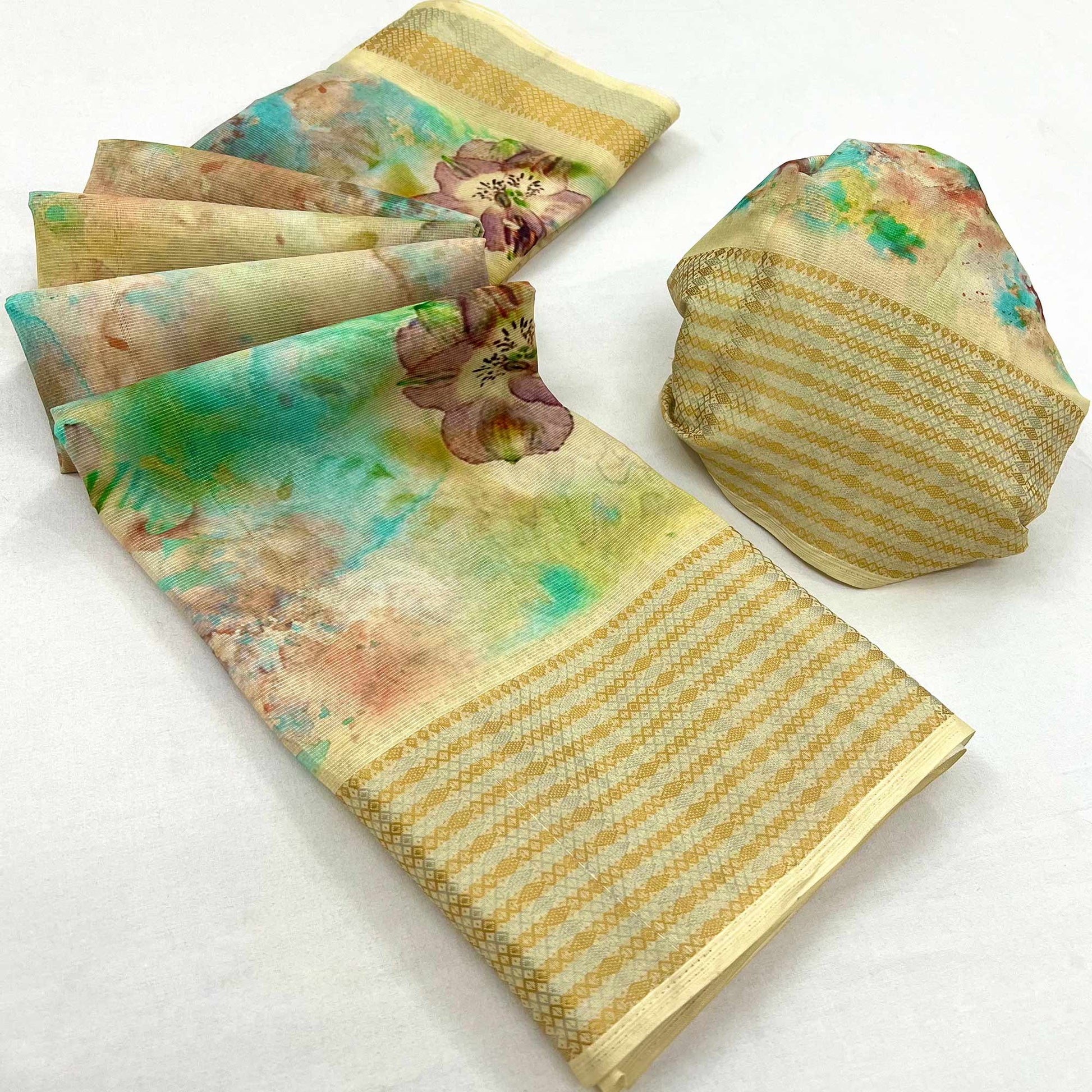 Cream Floral Digital Printed Cotton Blend Saree