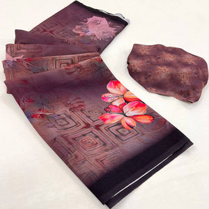 Brown Floral Digital Printed Georgette Saree