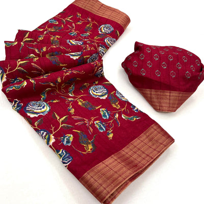 Maroon Floral Printed Cotton Blend Saree