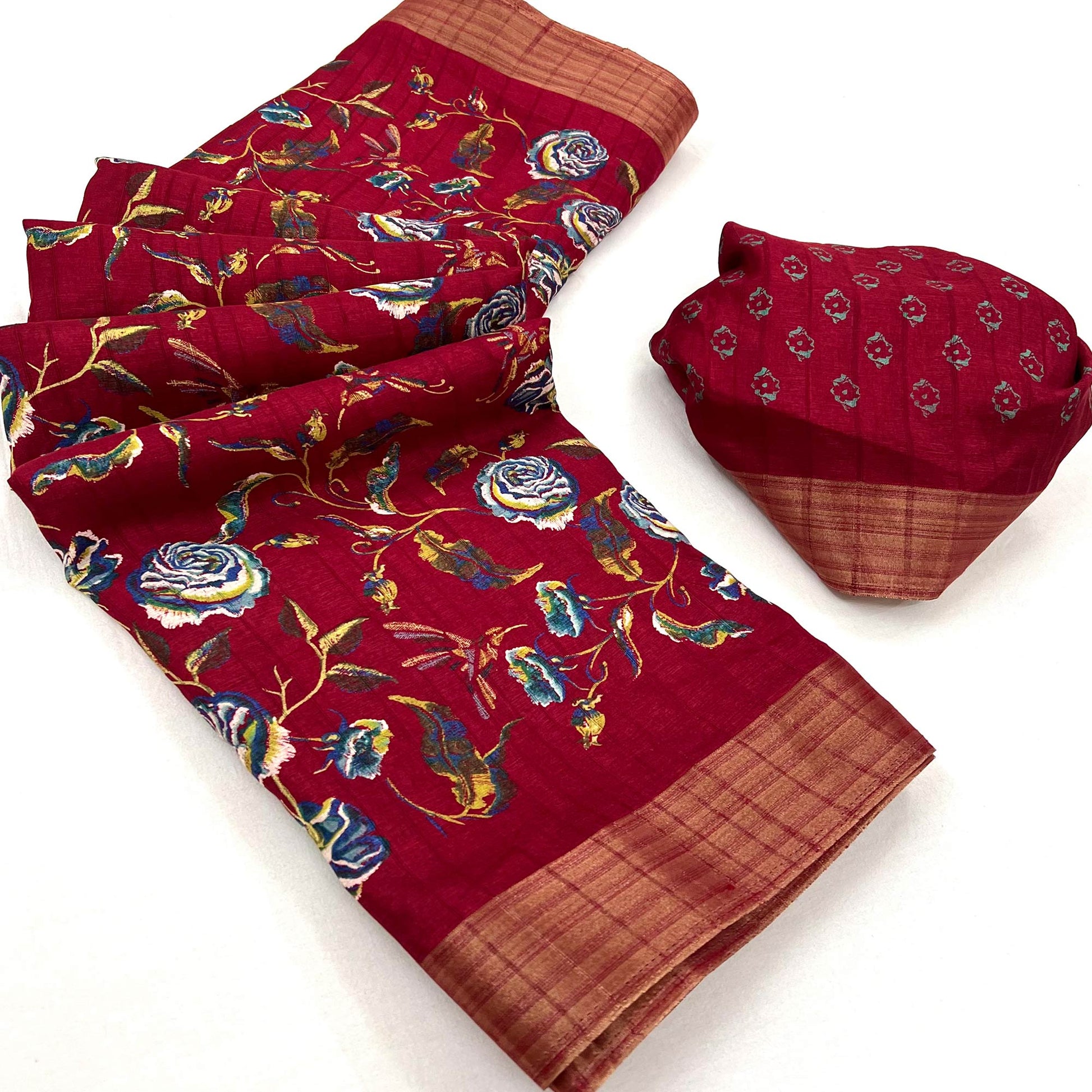 Maroon Floral Printed Cotton Blend Saree