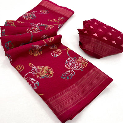 Maroon Floral Printed Dola Silk Saree