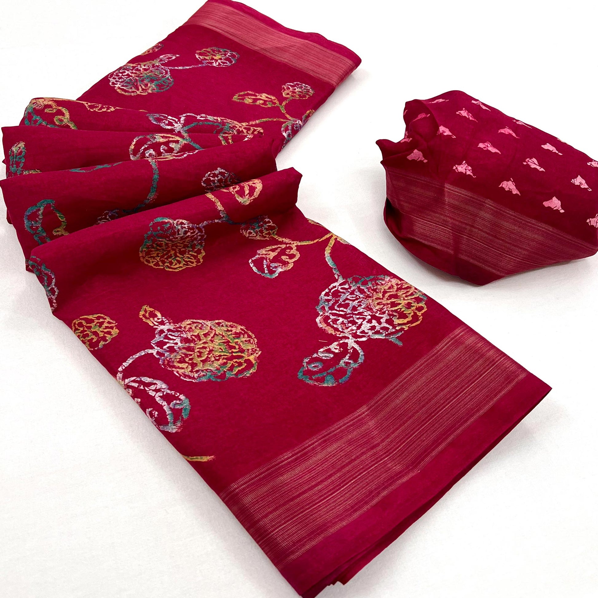 Maroon Floral Printed Dola Silk Saree