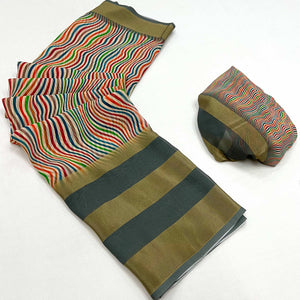Grey Striped Digital Printed Georgette Saree