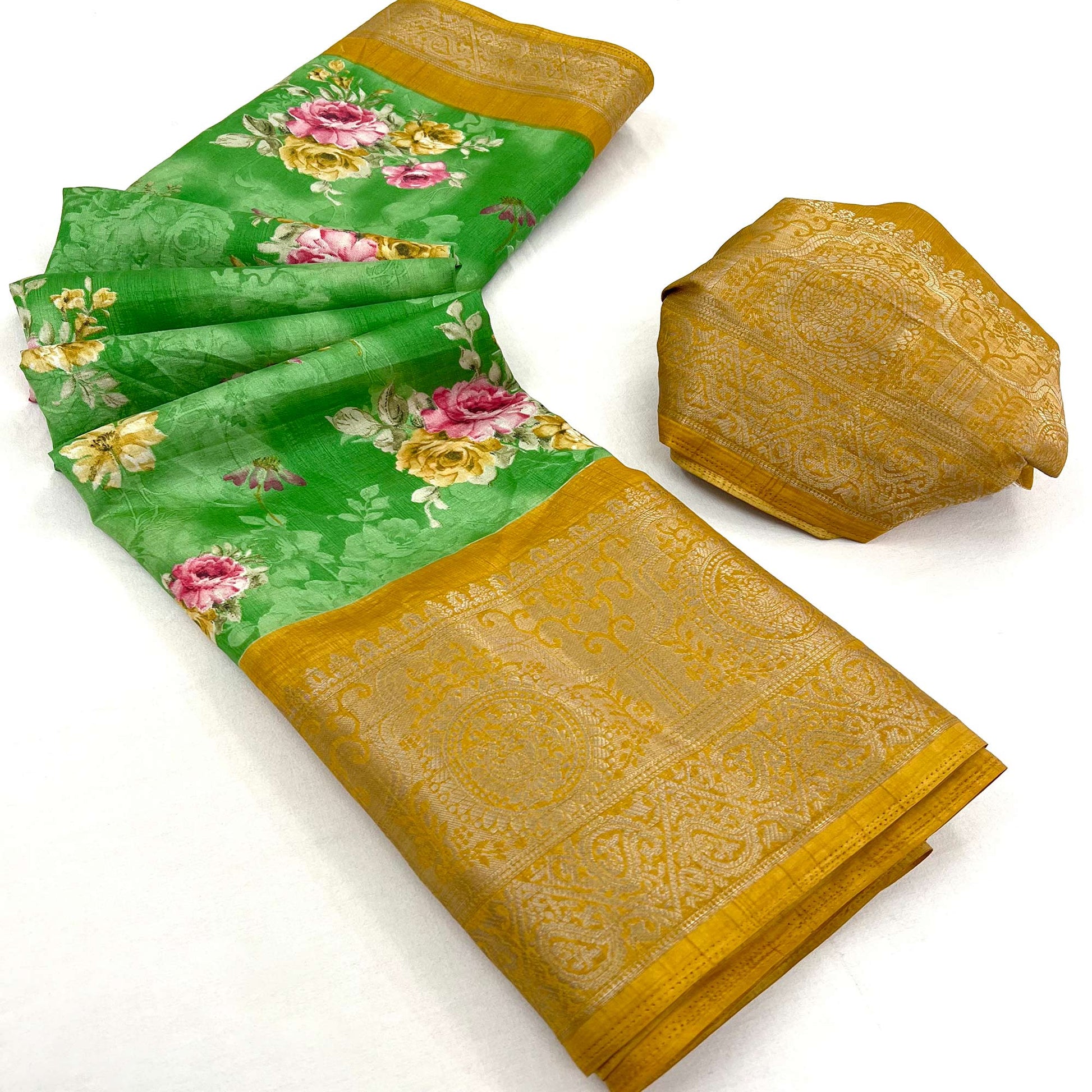 green-floral-printed-dola-silk-saree-with-woven-border