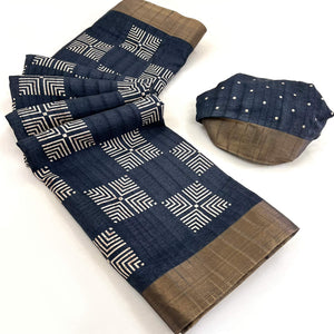 Grey Printed Cotton Blend Saree With Woven Border