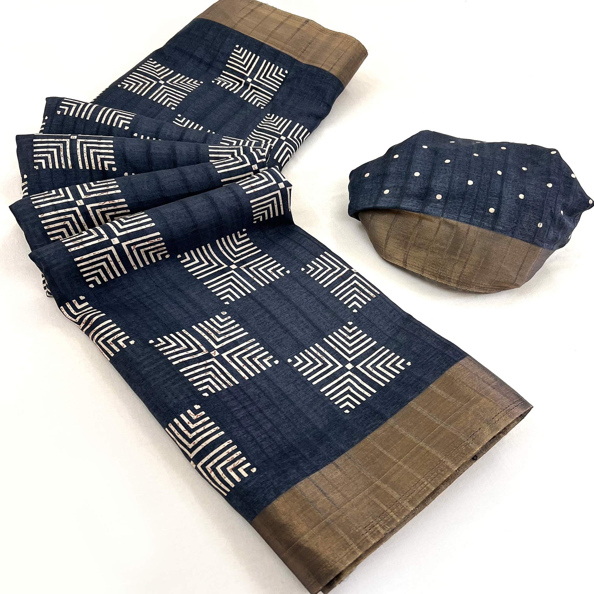 Grey Printed Cotton Blend Saree With Woven Border