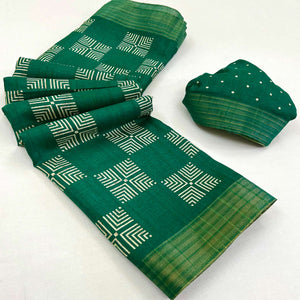 green-printed-cotton-blend-saree-with-woven-border