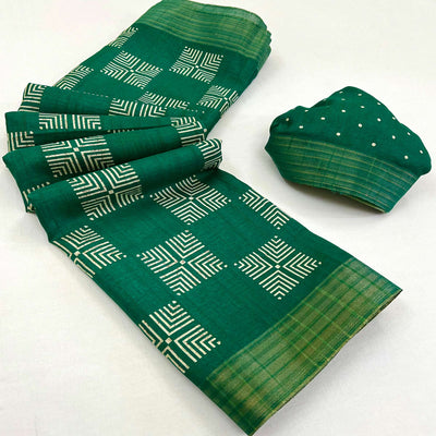 green-printed-cotton-blend-saree-with-woven-border