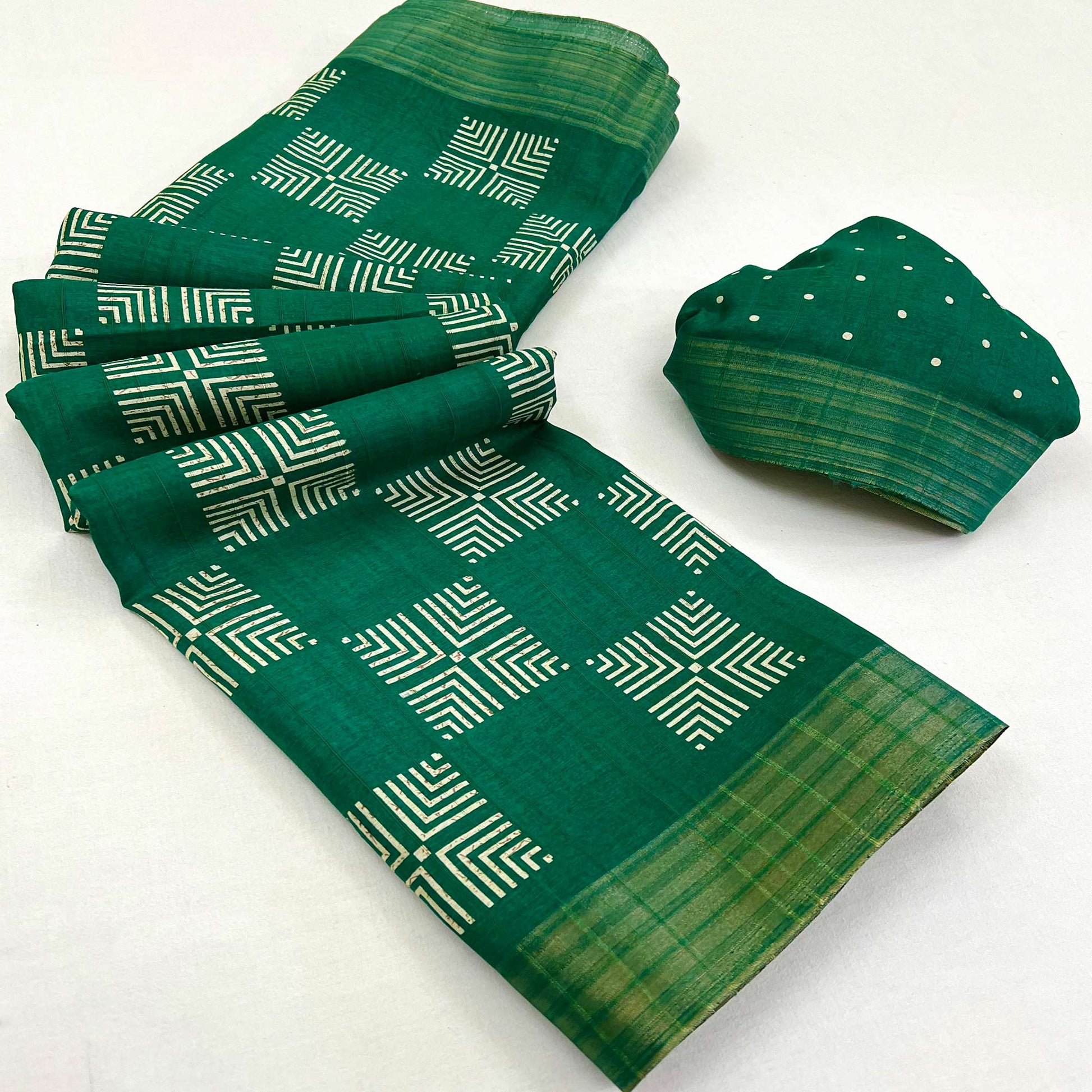 green-printed-cotton-blend-saree-with-woven-border