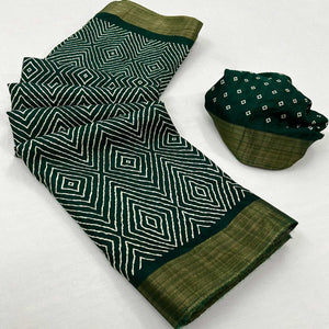 Bottle Green Printed Cotton Blend Saree With Woven Border