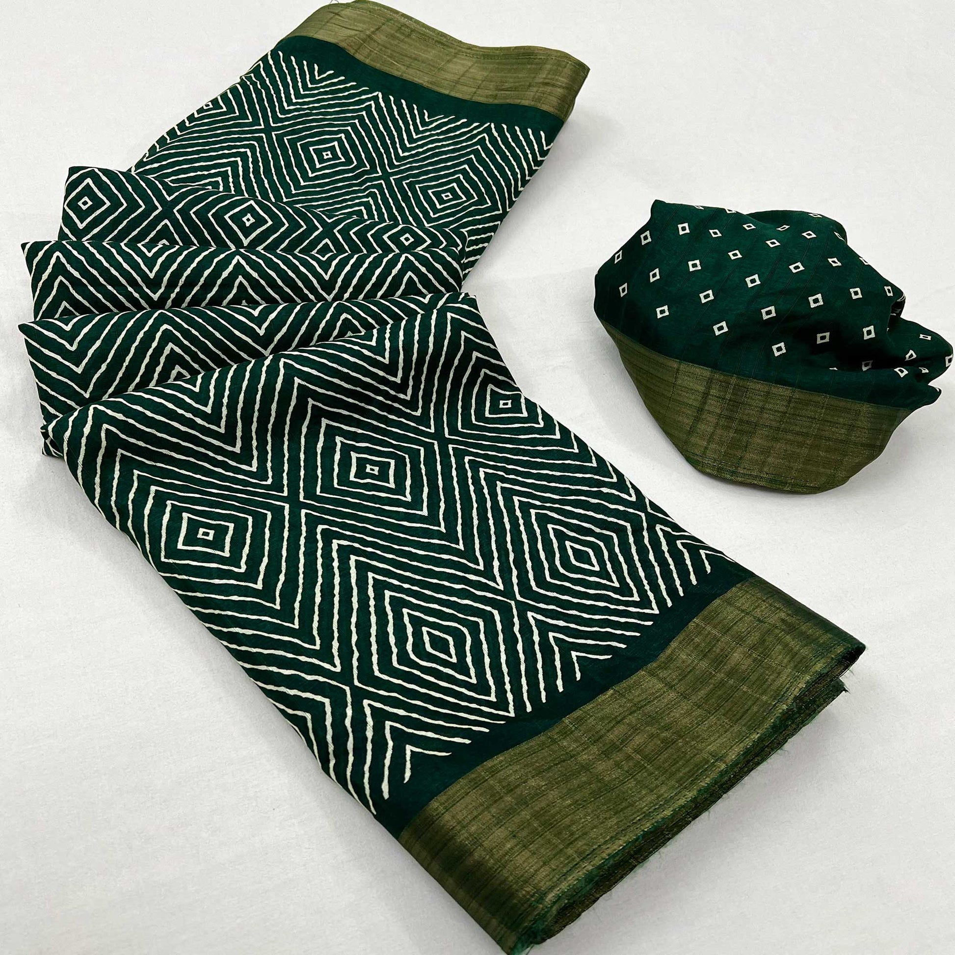 Bottle Green Printed Cotton Blend Saree With Woven Border