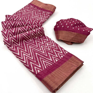 Mauve Printed Cotton Blend Saree With Woven Border