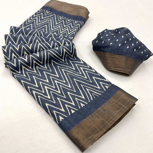 Grey Printed Cotton Blend Saree With Woven Border