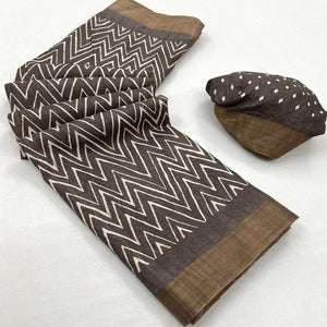 Brown Printed Cotton Blend Saree With Woven Border