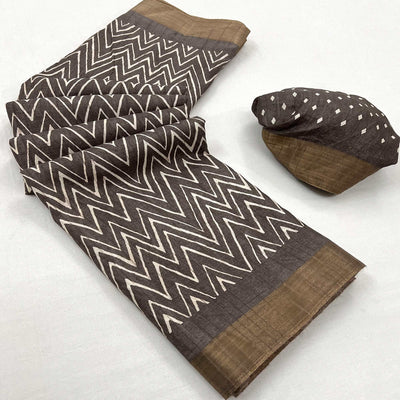 Brown Printed Cotton Blend Saree With Woven Border