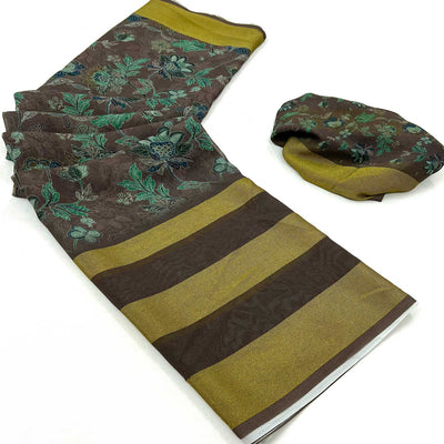 Brown Floral Digital Printed Georgette Saree