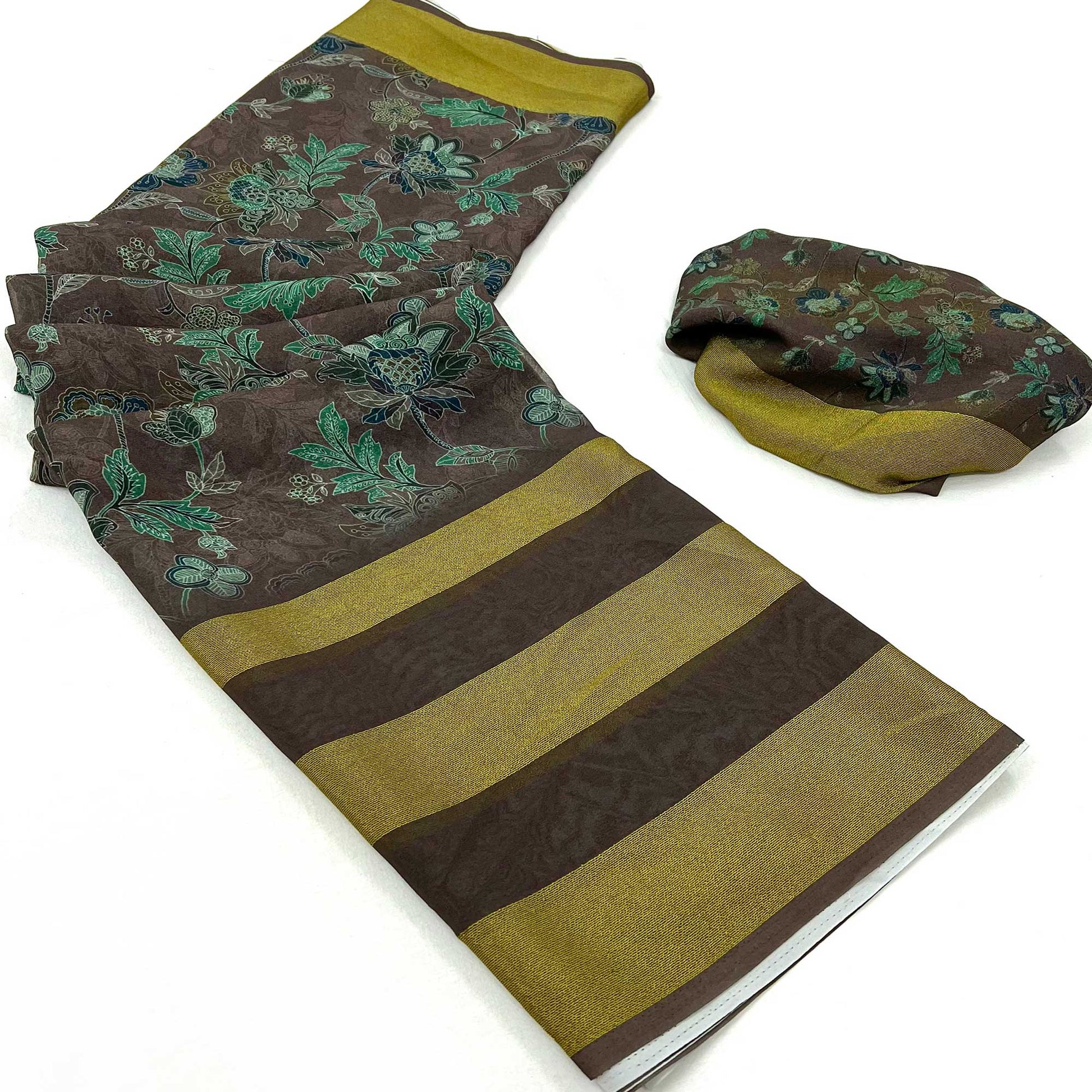 Brown Floral Digital Printed Georgette Saree