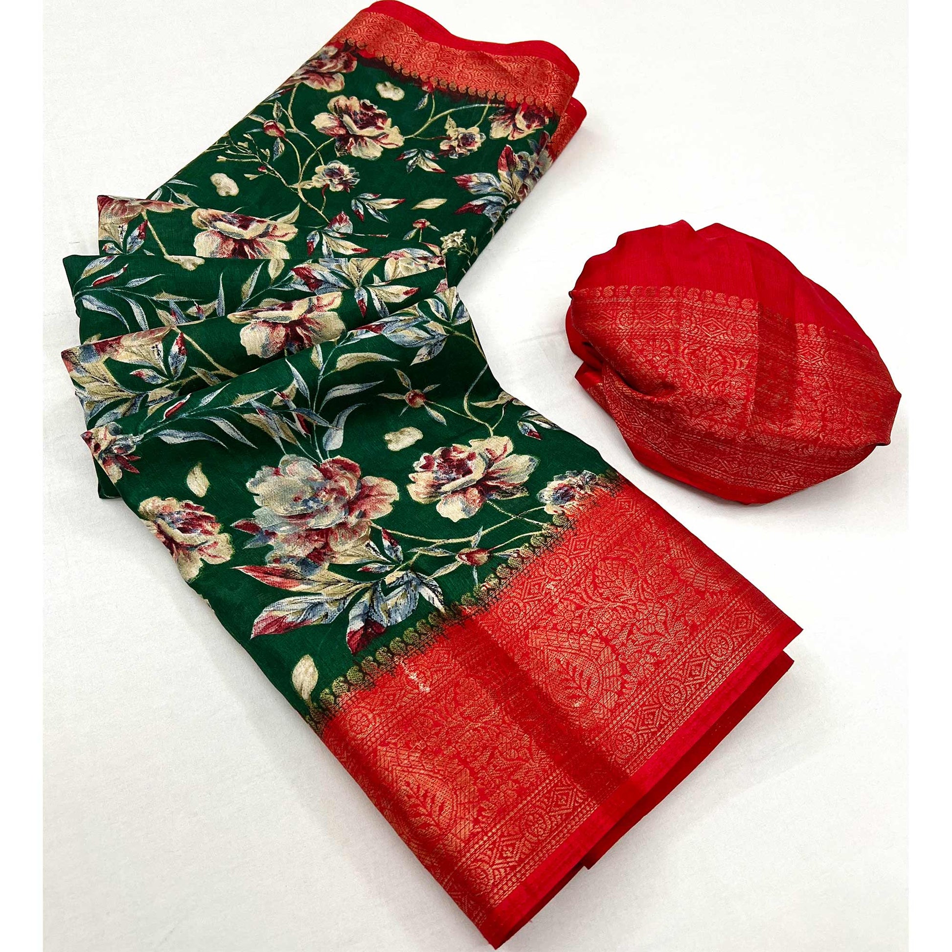 green-floral-printed-with-woven-border-dola-silk-saree-2