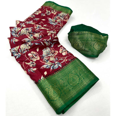 Maroon Floral Printed With Woven Border Dola Silk Saree
