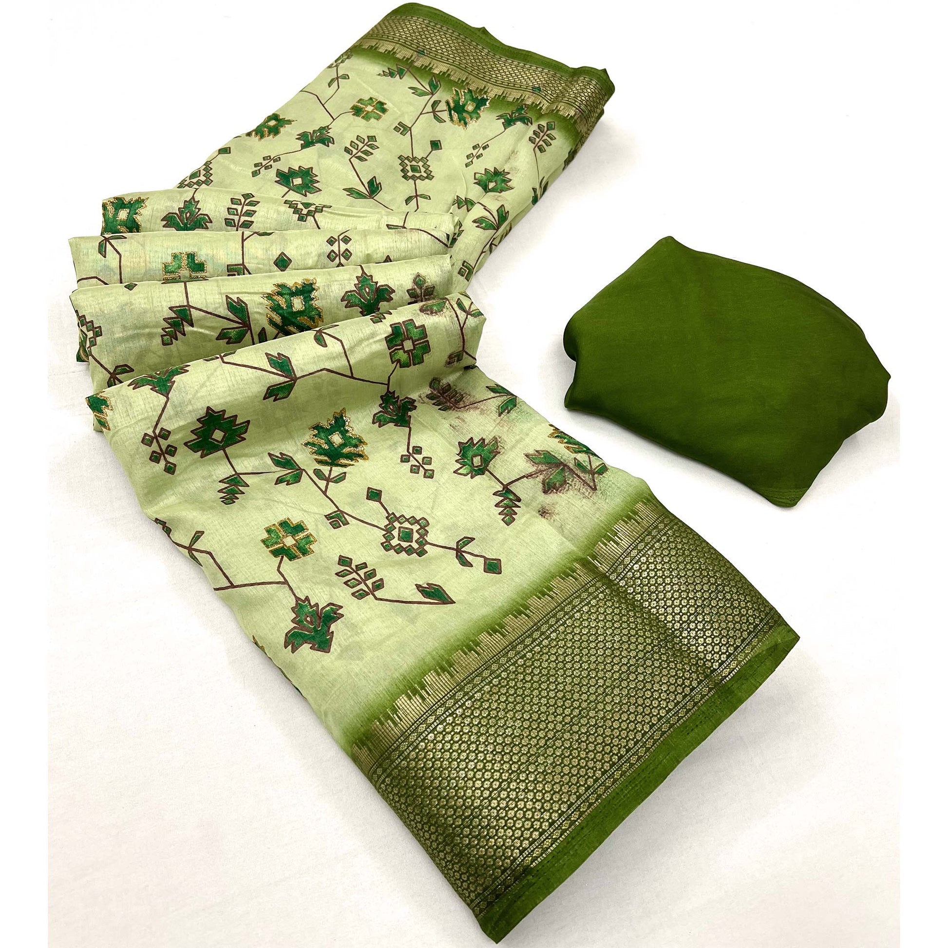 green-floral-printed-with-woven-border-dola-silk-saree-3