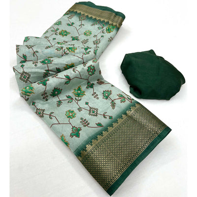 Dusty Green Floral Printed With Woven Border Dola Silk Saree