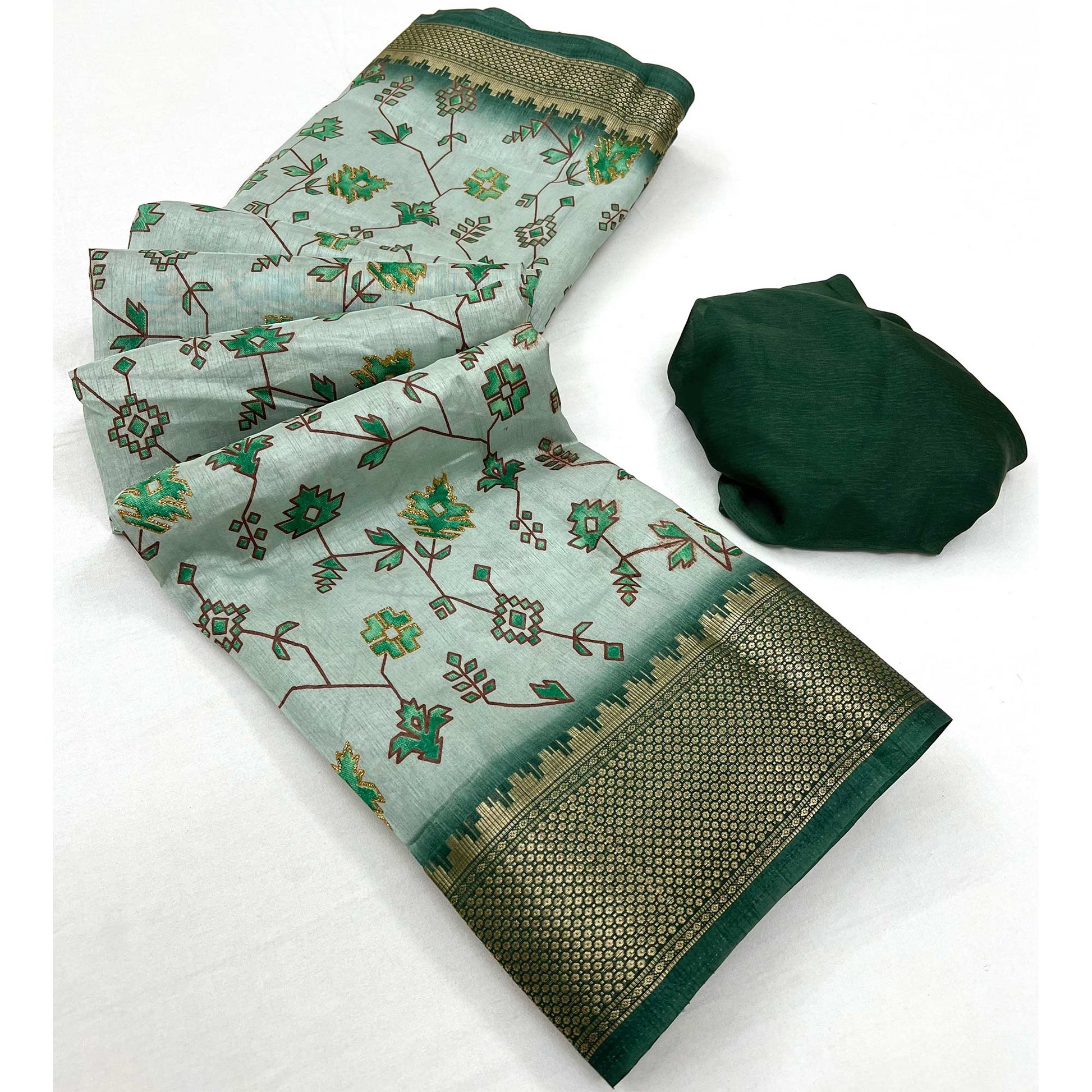 Dusty Green Floral Printed With Woven Border Dola Silk Saree