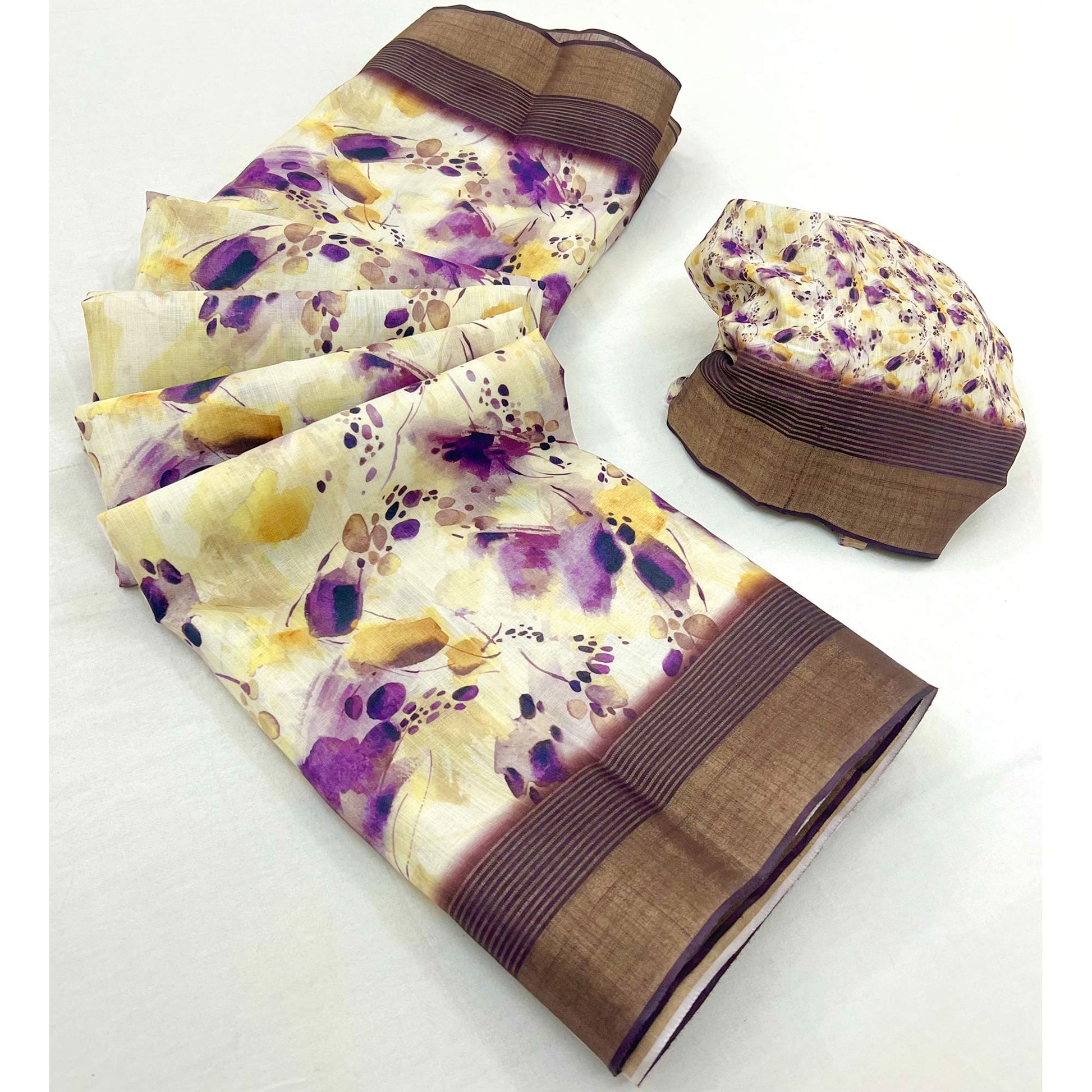 Cream Digital Printed With Woven Border Cotton Silk Saree