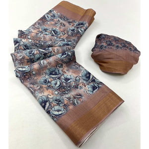 Chikoo Digital Printed With Woven Border Cotton Silk Saree