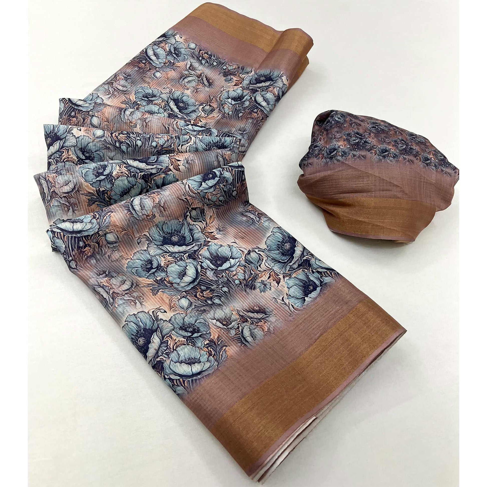 Chikoo Digital Printed With Woven Border Cotton Silk Saree