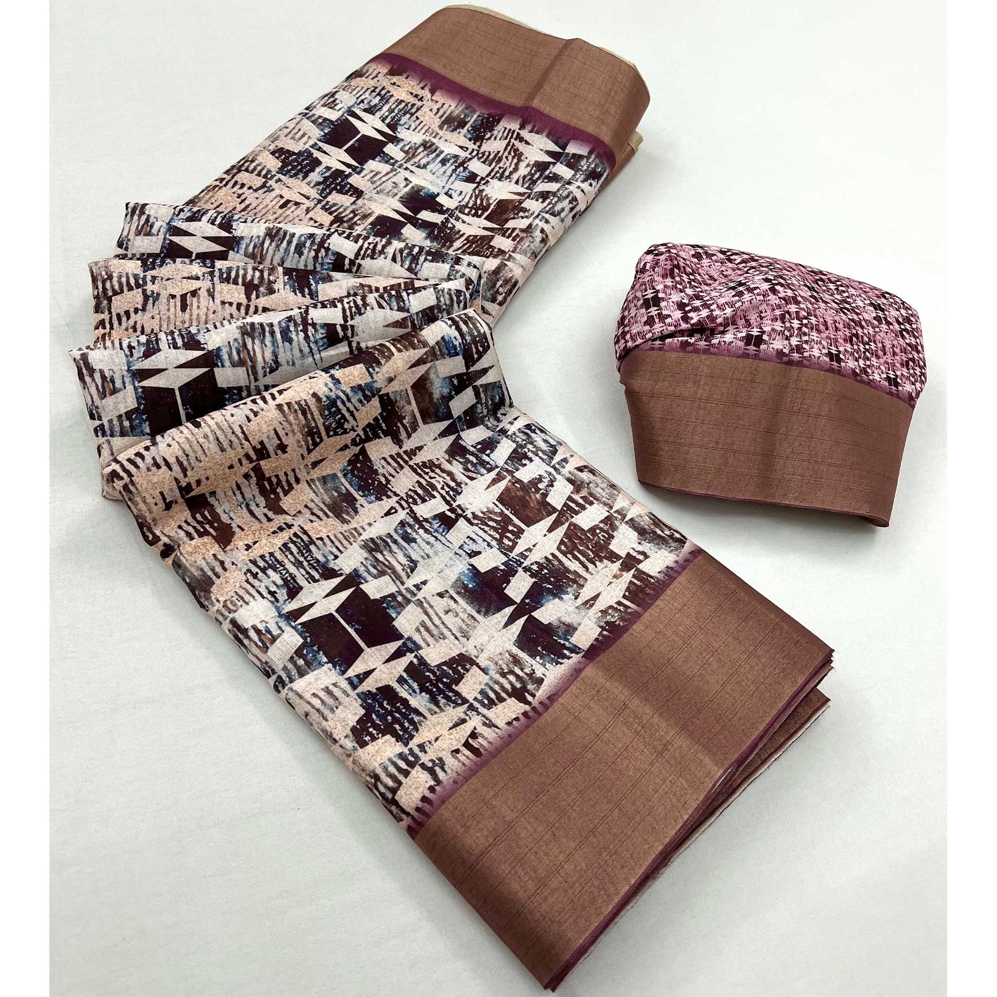 Brown Digital Printed With Woven Border Cotton Silk Saree