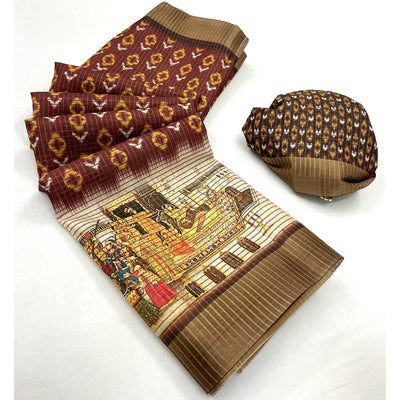 Brown Digital Printed With Woven Border Cotton Silk Saree