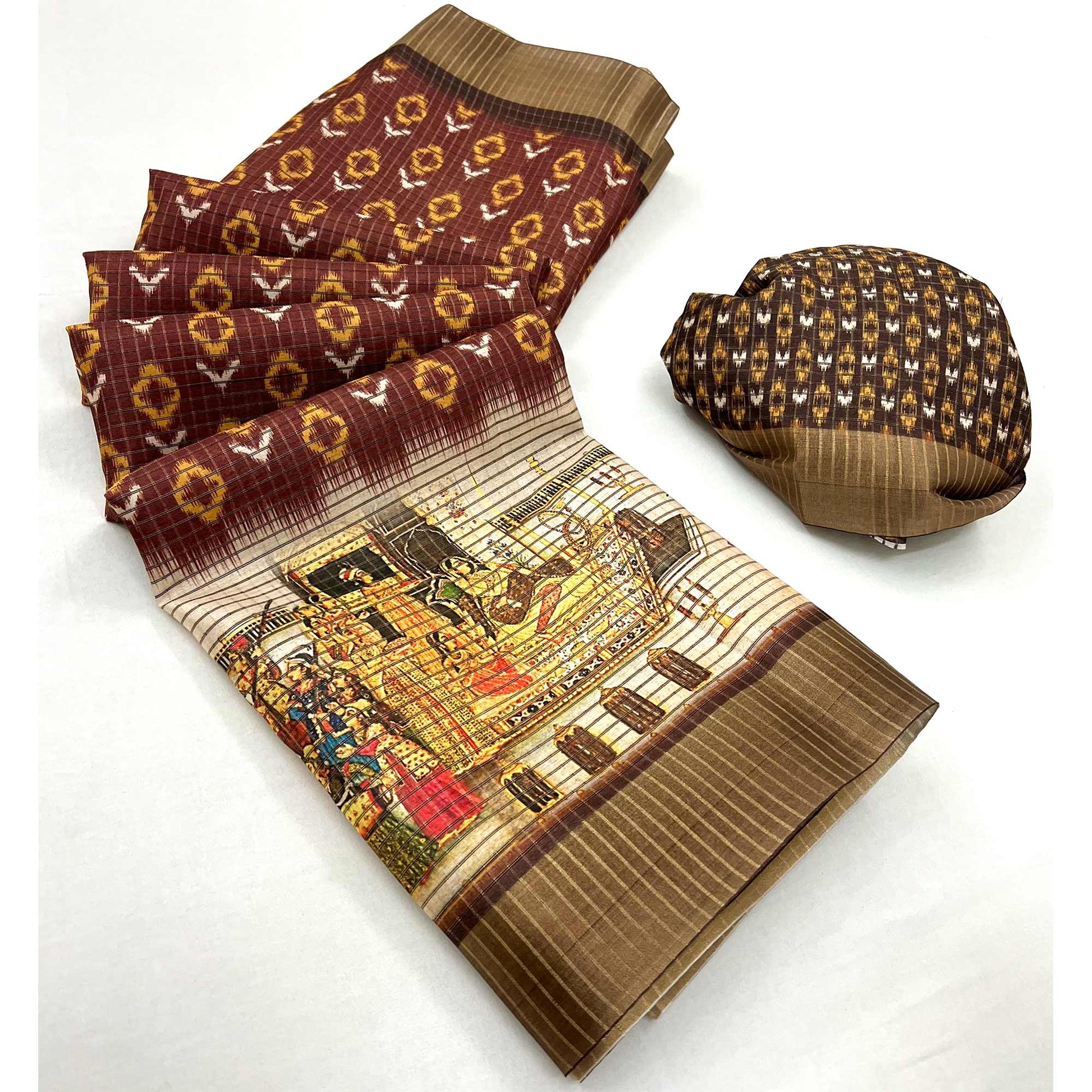 Brown Digital Printed With Woven Border Cotton Silk Saree