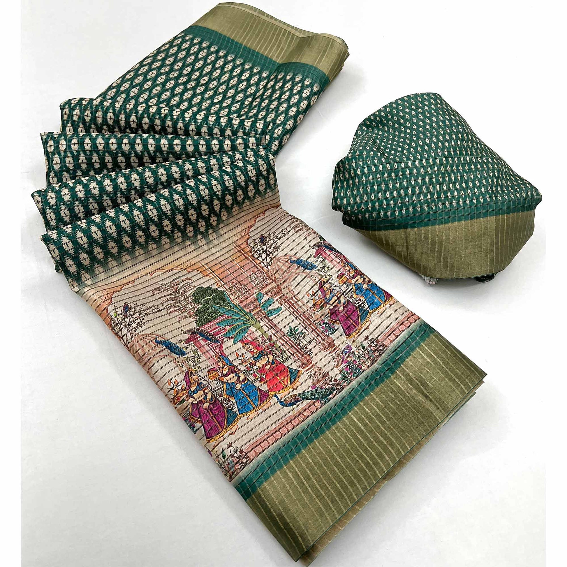 green-digital-printed-with-woven-border-cotton-silk-saree