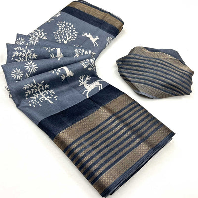 Grey Printed Dola Silk Saree With Woven Border