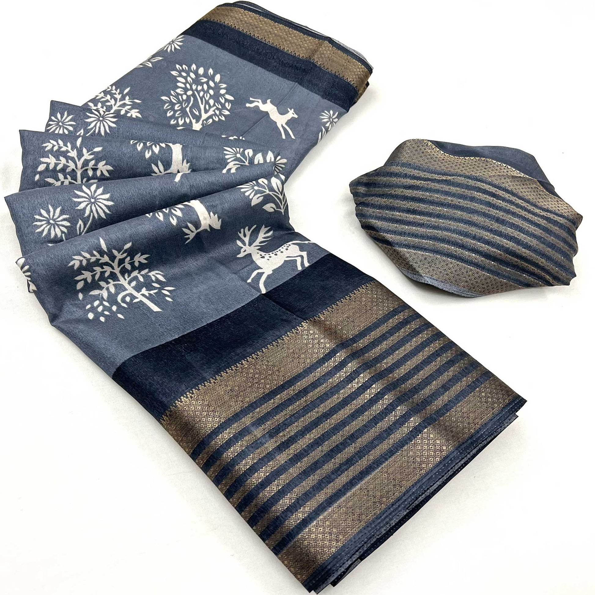 Grey Printed Dola Silk Saree With Woven Border