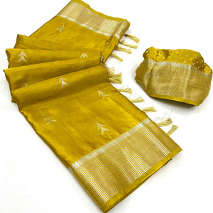 Lemon Yellow Woven Satin Silk Saree With Tassels