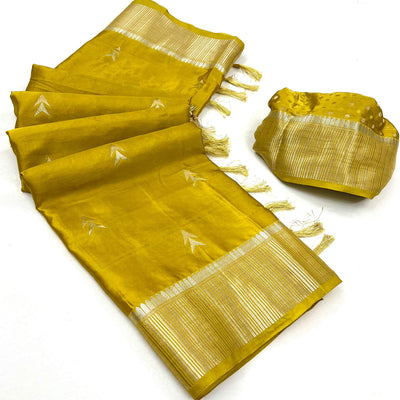 Lemon Yellow Woven Satin Silk Saree With Tassels