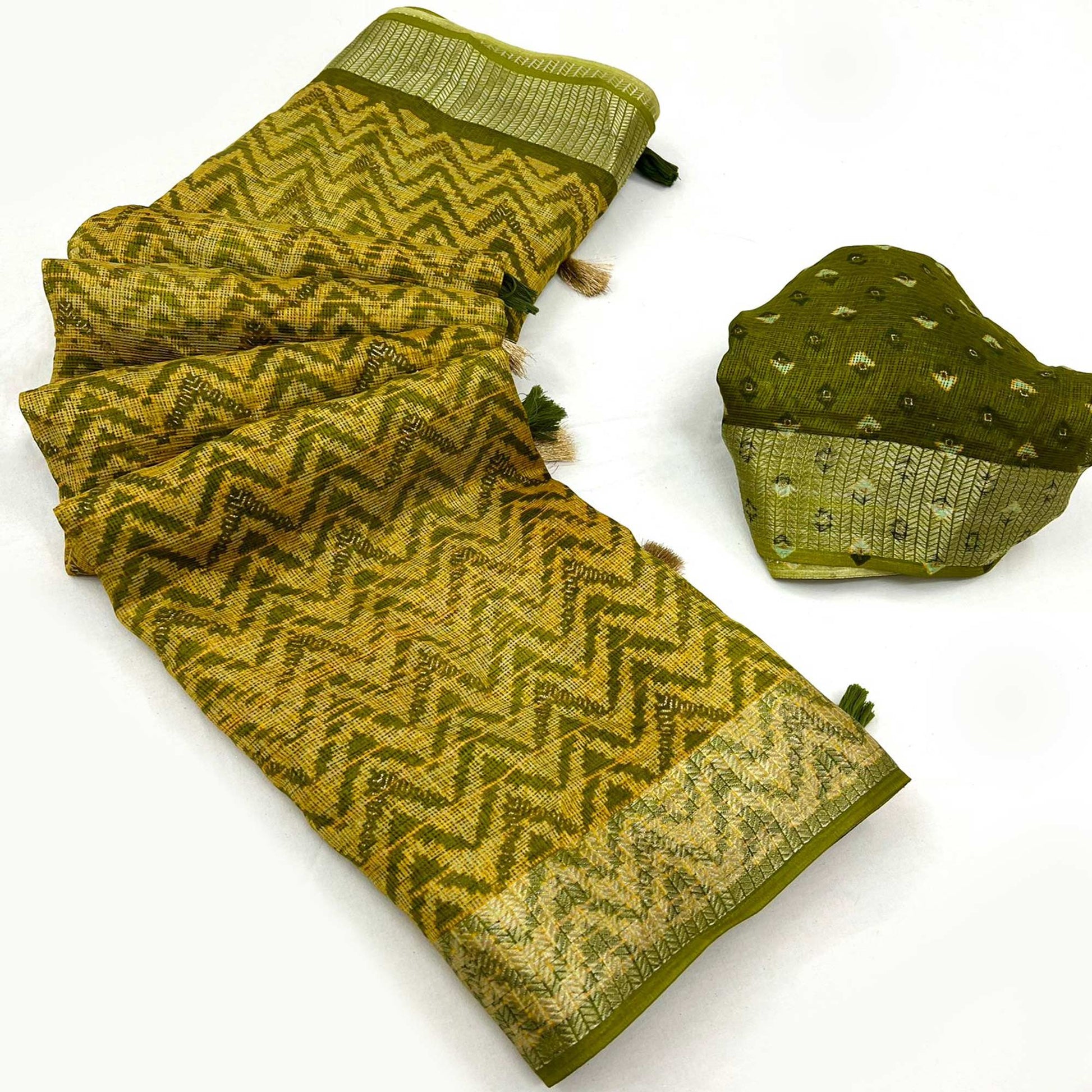 green-zig-zag-printed-kota-doria-saree-with-tassels